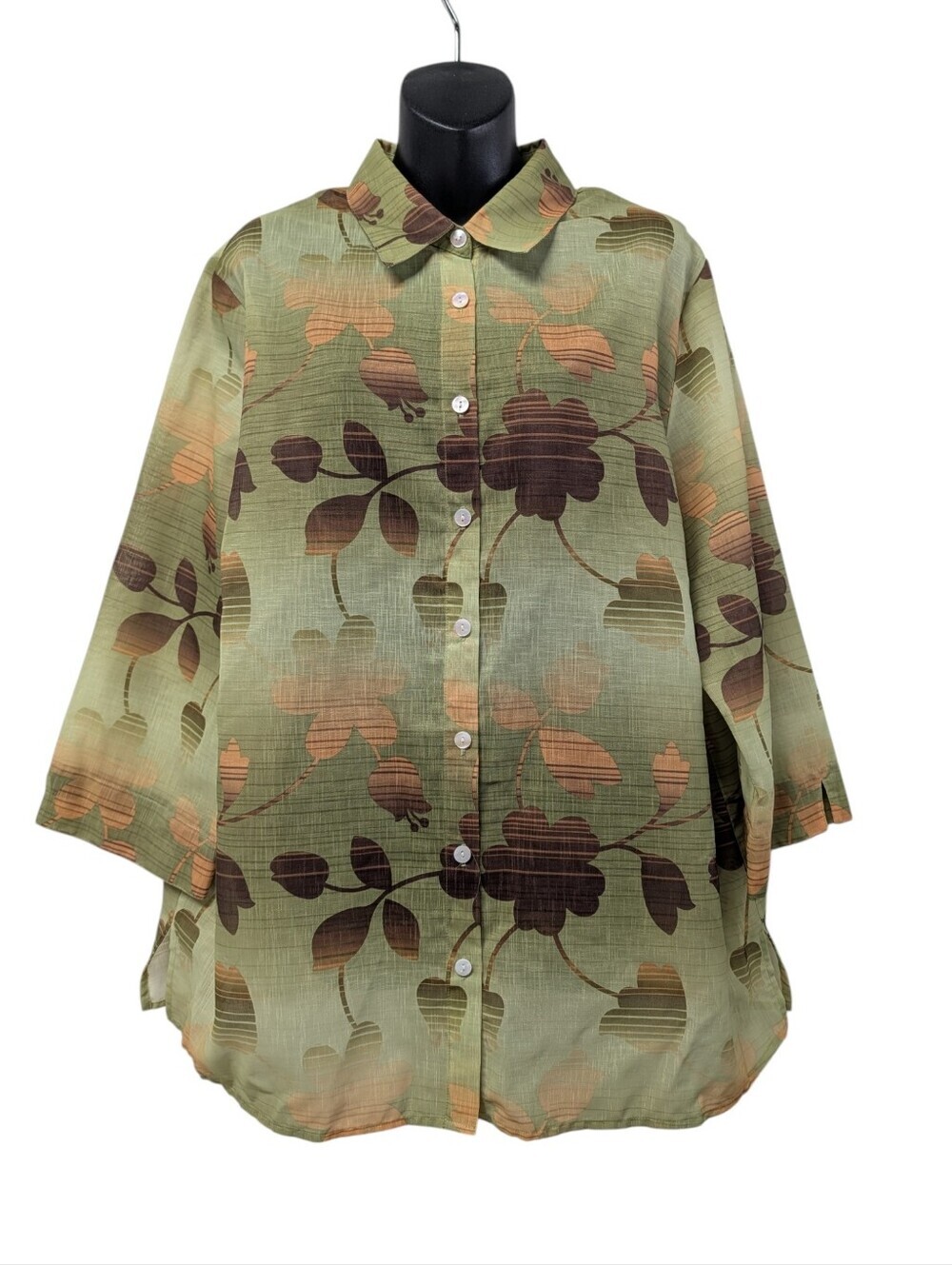 Alfred Dunner Woman 18W Green Floral Button Up Blouse 3/4 Sleeve Sheer Shirt Top